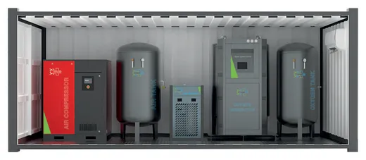 PSA oxygen generator station with oxygen routing panel, air dryer, generator and oxygen tank