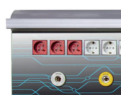 Flash intensive care unit wall panel with three mains sockets and gas outlets