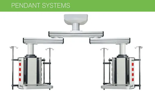Tecnomed TEC21.06 twin pendant with two ceiling-mounted service heads, IV poles and rail racks
