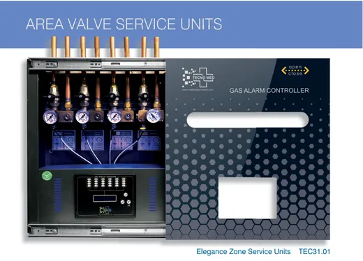 Tecnomed Elegance zone service unit interior with analogue manometers, isolating valves and gas labels