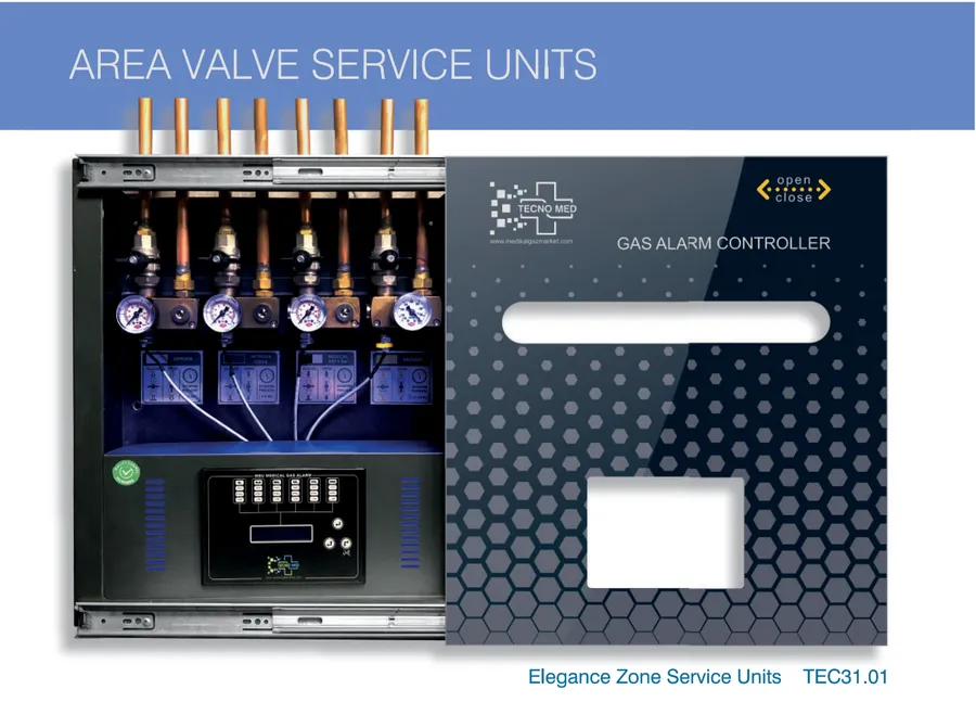 Tecnomed Elegance zone service unit interior with analogue manometers, isolating valves and gas labels