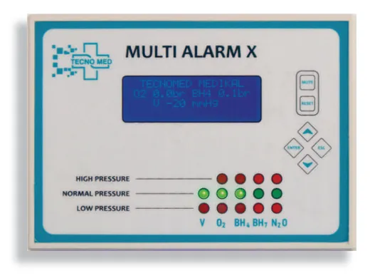 Tecnomed Multi Alarm X medical gas alarm unit with LCD pressure display and high, normal and low pressure LEDs