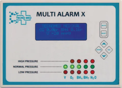 Tecnomed Multi Alarm X medical gas alarm unit with LCD pressure display and high, normal and low pressure LEDs