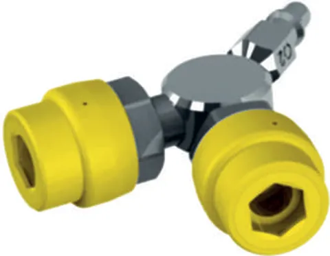 Yellow medical vacuum double outlet adapter in brass