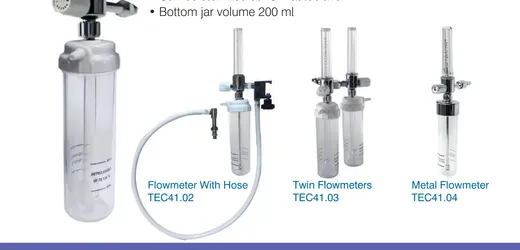 Tecnomed TEC41.02 oxygen flowmeter with hose and polycarbonate humidification jar