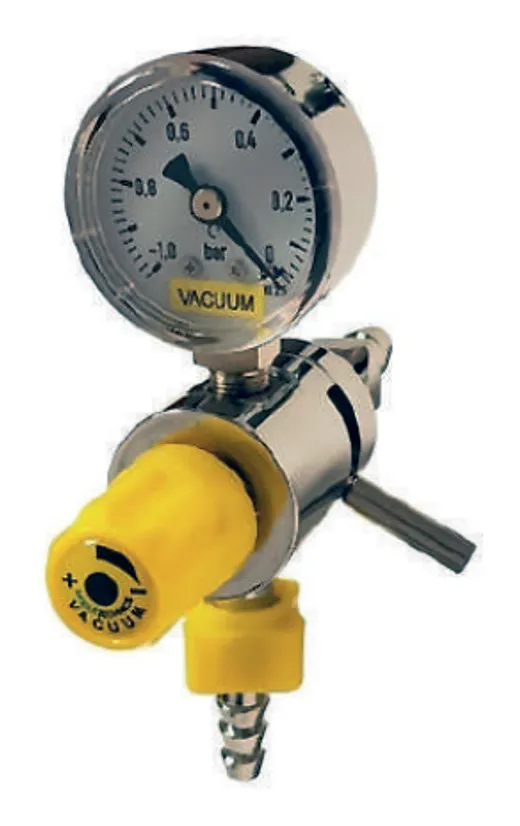 Tecnomed TEC41.10 medical vacuum regulator with yellow vacuum probe and suction gauge