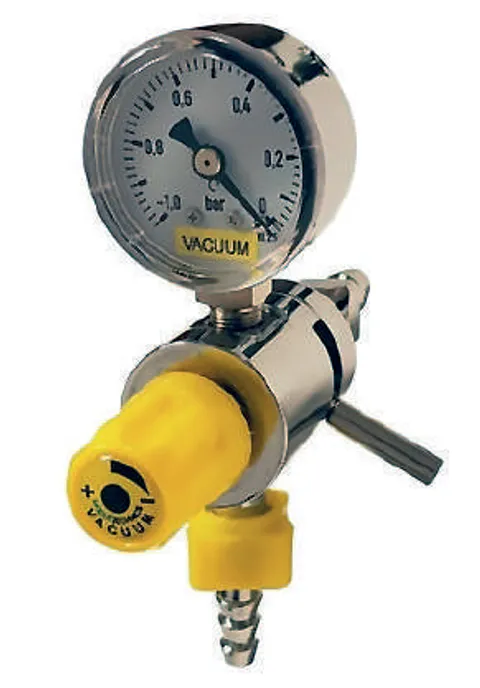 Tecnomed TEC41.10 medical vacuum regulator with yellow vacuum probe and suction gauge