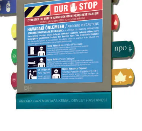 Signamed patient-centered signage panel with isolation precautions insert and colour-coded pull tabs
