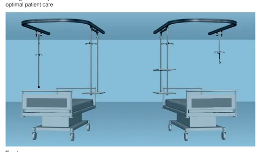 Tecnomed Uni ceiling hanging system TEC81.20 with curved rail and infusion carrier above a hospital bed