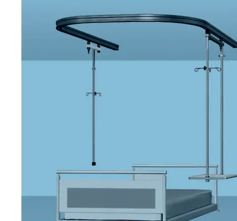 Tecnomed Uni ceiling hanging system TEC81.20 with curved rail and infusion carrier above a hospital bed
