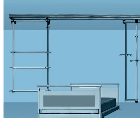Tecnomed IO ceiling suspension system TEC81.30 with straight rails and carriers over hospital beds